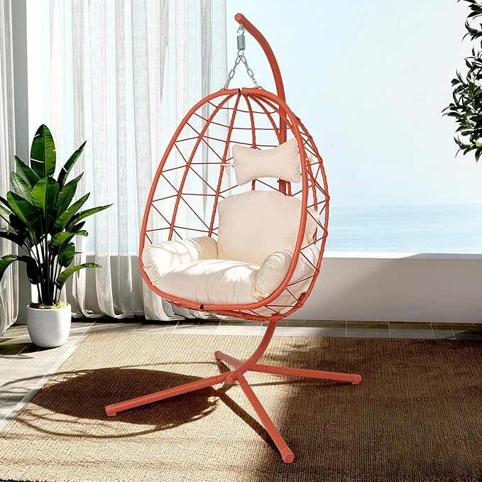 Hanging Egg Chair with Stand Outdoor Indoor Patio Rattan Swing Hammock Chairs with Washable Cushion PE Wicker Swing Chair for Backyard Bedroom Garden (Orange Red +White Cushion No Footrest)