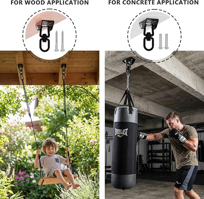 360°Rotating Hammock Hanging Kit Heavy Duty 1200 lb Capacity Stainless Steel Hanging Swing Hooks 2 Pack Swing Hanger for Yoga Hammock Chair Sandbag Swing Sets(Black