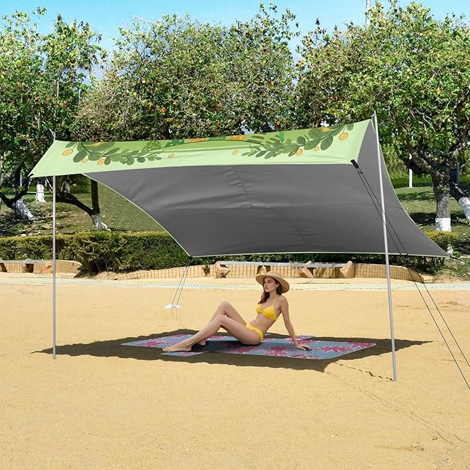 Beach Canopy with Windproof Ropes &amp Sandbags Beach Tent Sun Shade Sun Shelter for Camping Trips Fishing Backyard Fun or Picnics St. Patrick's Day