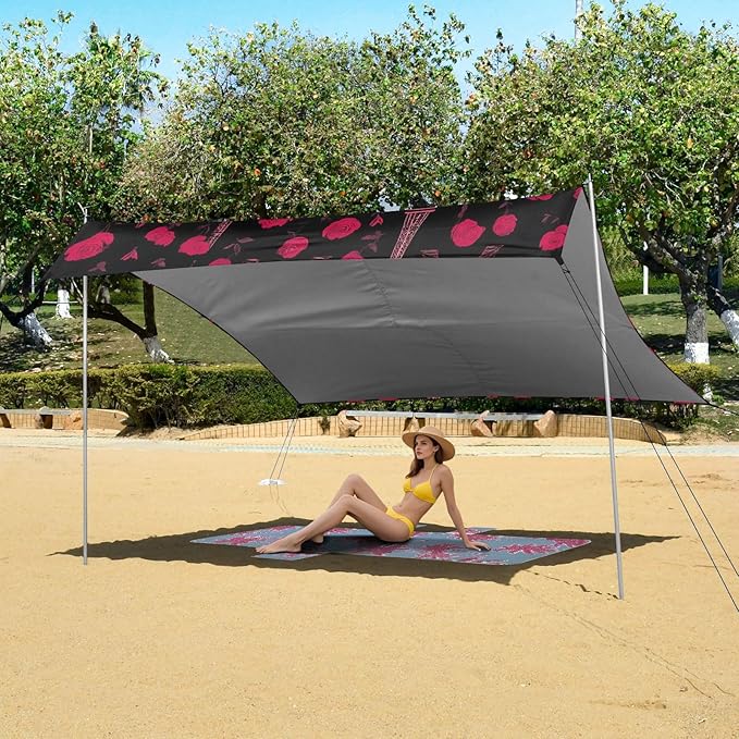 ALAZA Eiffel Tower Red Rose Beach Tent Sun Shelter UPF50+ Protection Beach Shade Canopy w/ 4 Sandbags for Outdoor Camping Fishing Backyard Fun Picnic 10x9 ft