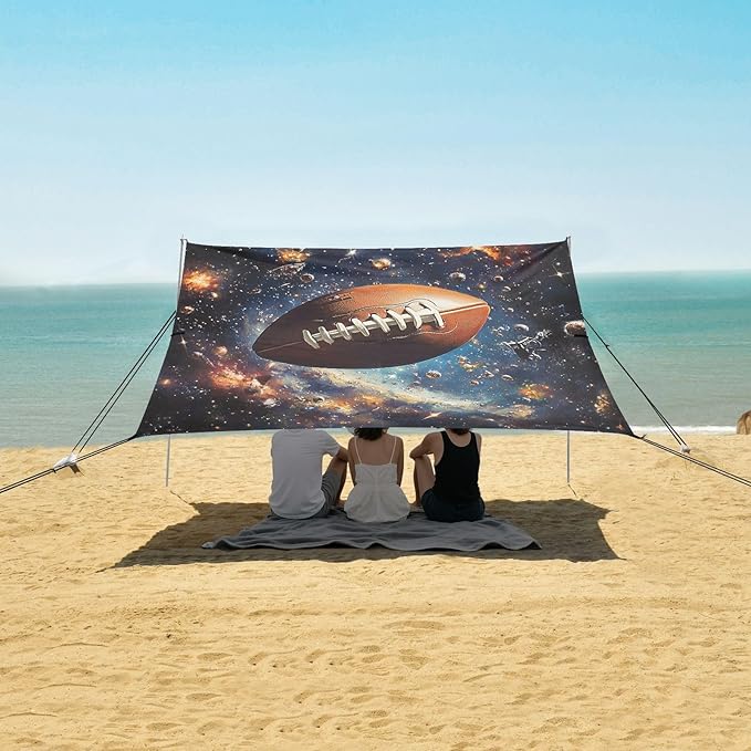 ALAZA Football in Space Beach Tent Sun Shelter UPF50+ Protection Beach Shade Canopy w/ 4 Sandbags for Outdoor Camping Fishing Backyard Fun Picnic 10x9 ft