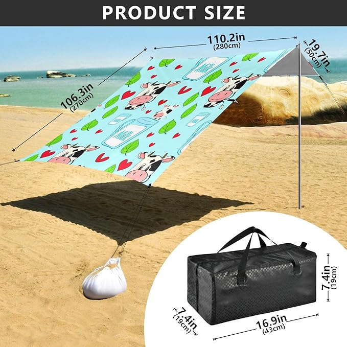 Beach Canopy with Windproof Ropes &amp Sandbags Beach Tent Sun Shade Sun Shelter for Camping Trips Fishing Backyard Fun or Picnics Cartoon Cows