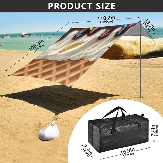 ALAZA Chocolate Ice Cream Waffles Beach Tent Sun Shelter Portable Canopy Sunshade for Outdoor Camping Picnics Backyard Fun 10x9 ft