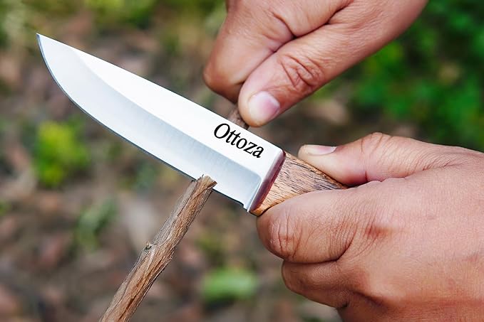 Ottoza Full Tang Bushcraft Knife with 1095 Carbon Steel Fixed Blade - Survival and Outdoor Camping Knife - Musket Wood Handle Brown Leather Sheath 402