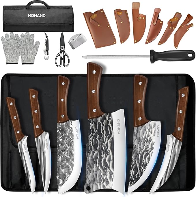 MDHAND Butcher Knife Set Hand Forged Butcher Chef Knife Set with Roll Bag Sharp Heavy Duty Bone Chopper Knives &amp Boning Knife for BBQ Outdoor Camping Meat Cleaver Tools Gifts for Men Women