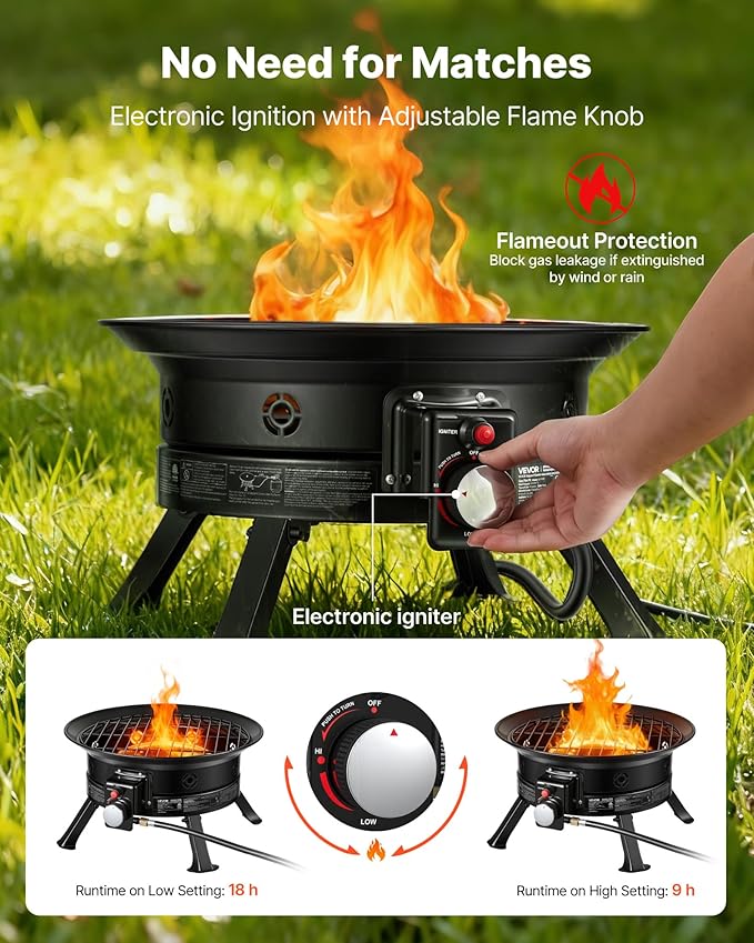 VEVOR Propane Fire Pit 24-Inch 53000 BTU Portable Gas Fire Pit with Grill Grate &amp Lava Rocks Adjustable Flame Folding LegsSmokeless Outdoor Firebowl for Camping Patio Backyard Deck RV B