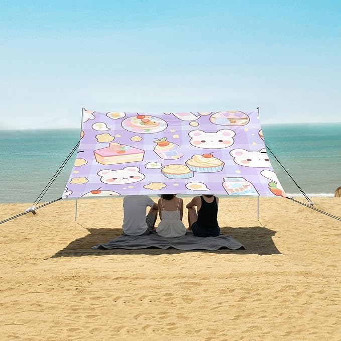 Cute Cartoon Blue Foldable Beach Canopy UPF50 Lightweight Shade Sun Shelter with Sandbags and Shovel for Backyard and Camping