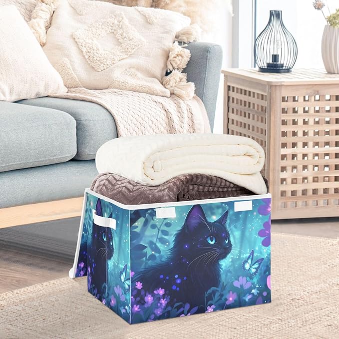 AIXIWAWA Lidded Storage Cube (Fantastic Forest Cat) Fabric Foldable Closet Bins with Flip Lid and Handles Organizer Basket Container 16.5 x 12.6 x 11.8 IN