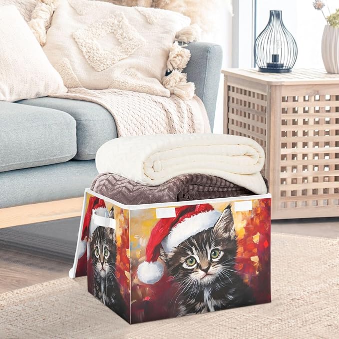 Storage Cube with Lid Cat Christmas Print 16.5×12.6×11.8 IN Collapsible Large Capacity Foldable Storage Basket Bin Organizer