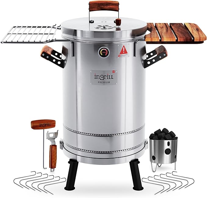 3-in-1 Stainless Steel Smoker Barrel Grill Premium– Portable Charcoal BBQ with Thermometer 25 lbs Outdoor Cooking Smoker for Camping Backyard &amp Home BBQ INGRILL