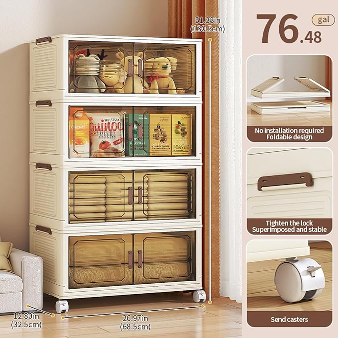 Stackable Storage Bins with Magnetic Doors &amp Top Lid Foldable Rolling Storage Cabinet with Wheels Collapsible Plastic Closet Organizer Tower for Clothes Shoes Blankets Bedroom&ampDorm (4 Tier)