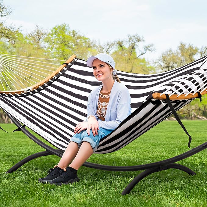 SUNCREAT Hammocks for Outside with Stand Porch Hammock and Stand 475 lbs Capacity Patent Pending Black &amp White