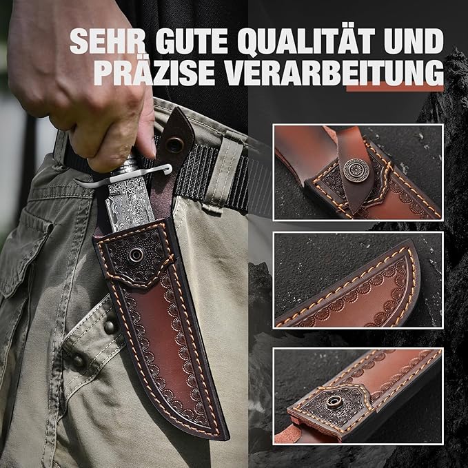DRACHENADER 10.5 Inch Bowie Knife with Sheath Outdoor Hunting Survival Bushcraft Fixed Blade Knife (C-Japanese Type-Damascus Blade)