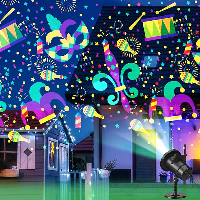 Mardi Gras Holiday Projector Light with 1 Film Slides LED Projector Lights Outdoor Reflectors Waterproof Landscape Decorative Lighting Projection Lamp for Party