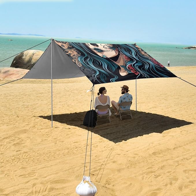 ALAZA Sugar Skull Girl Blue Hair Beach Tent Sun Shelter Portable Canopy Sunshade for Outdoor Camping Picnics Backyard Fun 10x9 ft