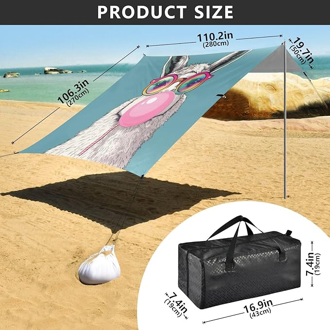 ALAZA Funny Llama Rainbow Glasses Beach Tent Sun Shelter UPF50+ Protection Beach Shade Canopy w/ 4 Sandbags for Outdoor Camping Fishing Backyard Fun Picnic 10x9 ft