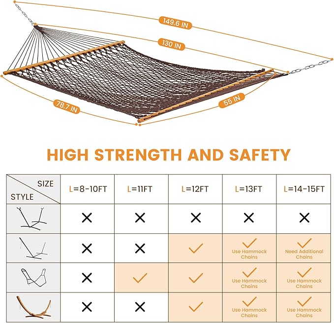 Lazy Daze Hammocks Double Rope Hammock 2 Person Traditional Outdoor Hand Woven Cotton Rope Hammock with Spreader Bar Carabiners Tree Straps Chains for Patio Yard - Max 450 Lbs Dark Brown