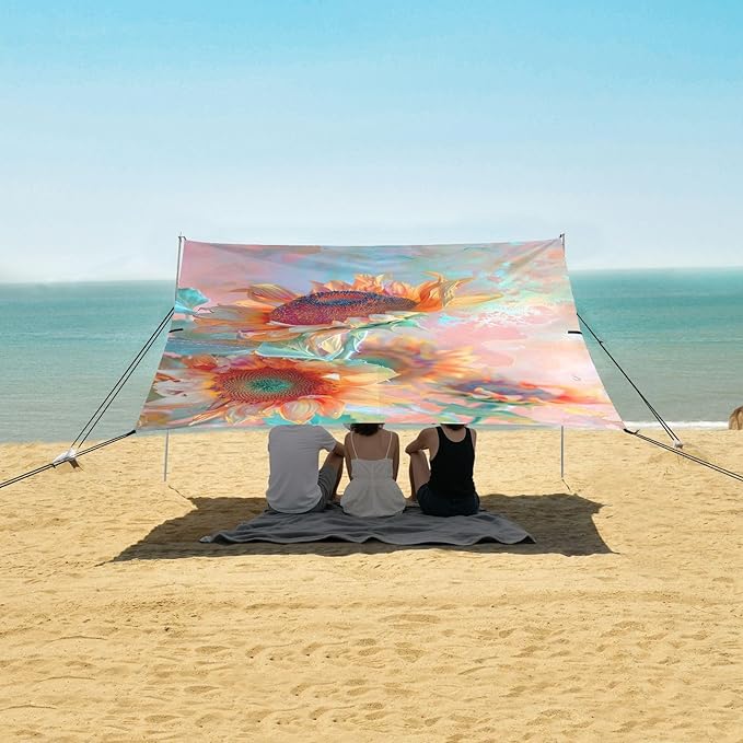 ALAZA Sunflower Bouquet Beach Tent Sun Shelter UPF50+ Protection Beach Shade Canopy w/ 4 Sandbags for Outdoor Camping Fishing Backyard Fun Picnic 10x9 ft
