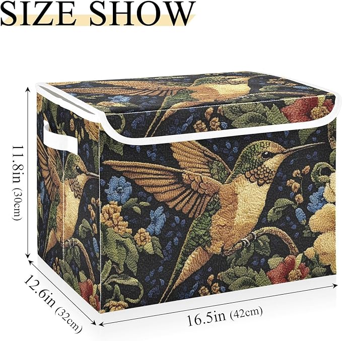 Storage Cube with Lid Embroidery Hummingbird Print 16.5×12.6×11.8 IN Collapsible Large Capacity Foldable Storage Basket Bin Organizer