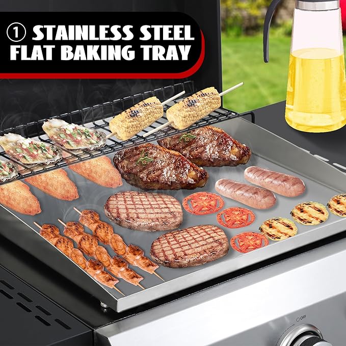 3-Burner Flat Top Propane Gas Grill Stainless Steel Griddle Combo with Foldable Side Table 36900 BTU Outdoor BBQ Grill Porcelain-Enameled Cast Iron Grids for Backyard Patio Cooking