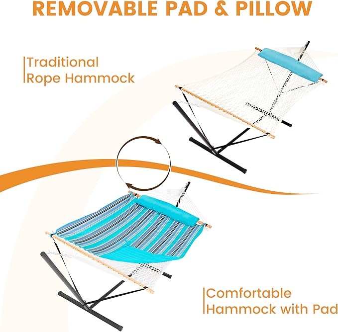 Lazy Daze Hammocks 2 Person Portable Hammock with 12FT Stand Double Hand Woven Cotton Rope Hammock with Detachable Quilted Pad &amp Pillow for Outside 450lb Capacity Blue Stripes