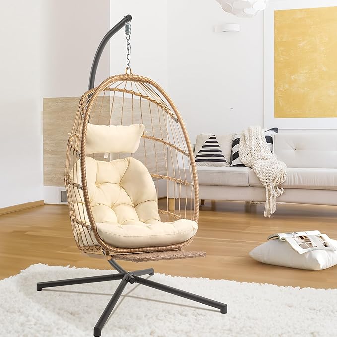 Hanging Egg Chair with Stand and Footrest for Indoor Outdoor - Patio Swing Egg Chairs Wicker Hammock Chair Bedroom Aluminum Steel Frame and UV Resistant Cushion 370LBS Capacity for Kids Adults Beige