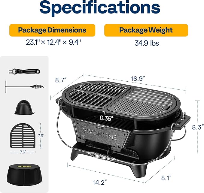VIVOHOME Oval Cast Iron Grill with Interchangeable Grates &amp Griddle 2 Furnace Doors for Heat Control Includes Gloves Poker and UV-Resistant Cover