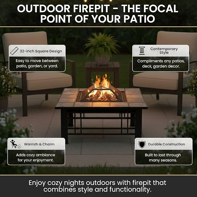Fire Pit Set Wood Burning Pit - Includes Spark Screen and Log Poker - Great for Outdoor and Patio 32” Square Tile Firepit by Pure Garden