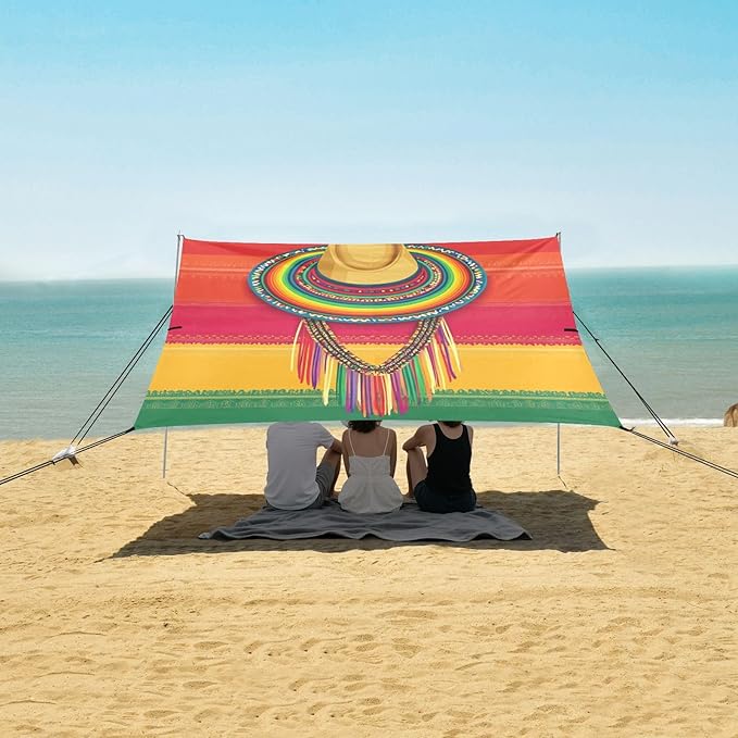 Mexican Style Cinco De Mayo Necklaces Foldable Beach Canopy UPF50 Lightweight Shade Sun Shelter with Sand Pockets for Backyard and Camping
