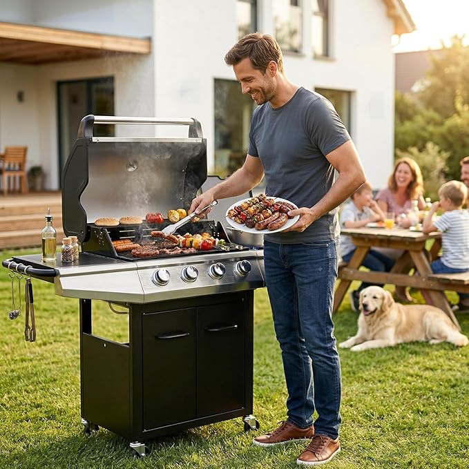 MASTER COOK 4+1 Burners Gas Grill 518 Sqin Cooking Area 52000 BTU Propane Grill with Side Burner Stainless Steel Cabinet Grill Black
