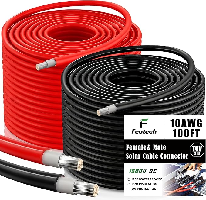 Twin Wire Solar Extension Cable 100FT - 10AWG (6mm²) Solar Panel Tinned Copper Wire for Outdoor Automotive RV Boat and Marine Use - Black &amp Red
