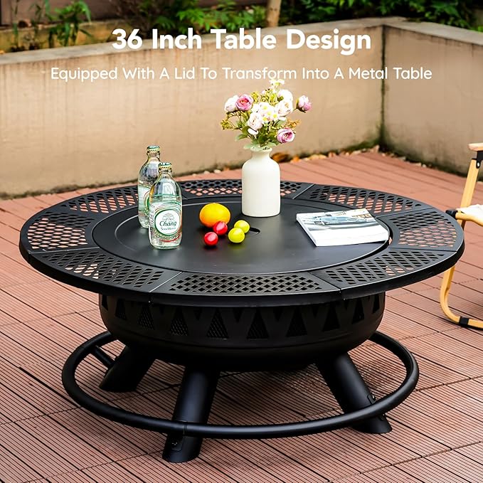 36 Inch Fire Pit with 2 Grills Large Outdoor Firepits for Outside Wood Burning Fireplace for CampingPicnicBonfire 3-in-1 Round Metal Table with Lid for BackyardPatioParty