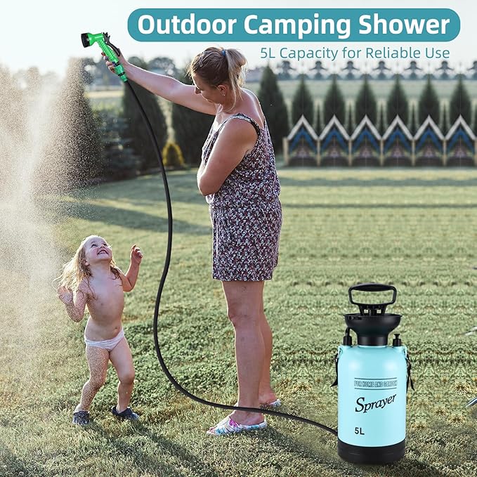 Finderomend Portable Shower for Camping with 7 Spray Modes Hand Press Camping Shower with Removable Hose and Shower HeadPressure Rinse Kits for Hiking Traveling Garden Beach Pet Shower