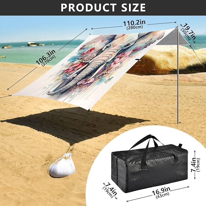 ALAZA Elephant Flowers Beach Tent Sun Shelter UPF50+ Protection Beach Shade Canopy w/ 4 Sandbags for Outdoor Camping Fishing Backyard Fun Picnic 10x9 ft