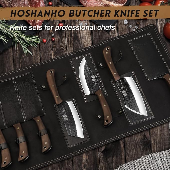 HOSHANHO Butcher Knife Set Hand Forged Butcher Chef Knife Set with Roll Bag Sharp Meat Cleaver Knife &amp Bone Chopper Knives &amp Fillet Knives for Home &amp Camping &amp BBQ Gift with Men