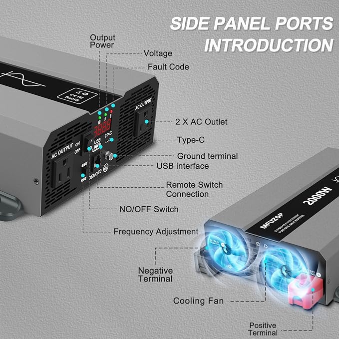 2000W Pure Sine Wave Inverter 12V DC to 110V/120V AC Surge 4000W Power Inverter for Car RV Truck Home Solar &amp Off-Grid with 2 AC Outlets USB/Type-C LCD Display and Remote Control