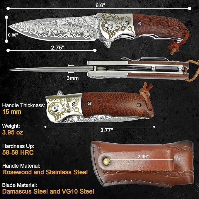 AUBEY Damascus Pocket Knife with Clip Folding Knives with VG10 Damascus Steel Blade Wooden Handle Foldable EDC Knifes for Outdoor Survival Collection Gift