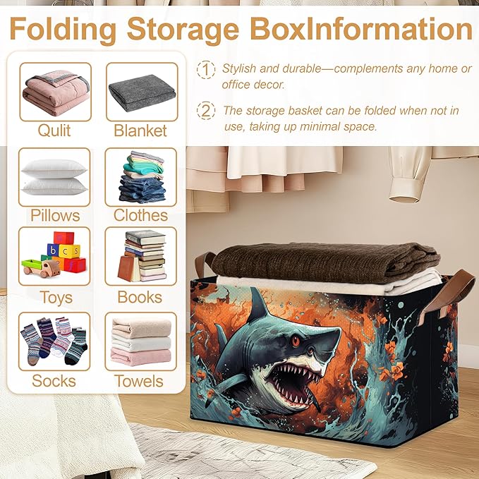 Ocean Shark Storage Bins with Handles Collapsible Storage for Clothes Gift Basket Blankets &amp Closet Organization