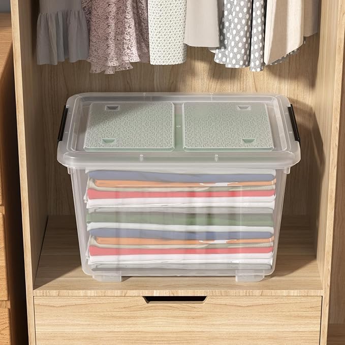 Sadstory 30 Quart Clear Latching Tote Bin with Lid Plastic Storage Box with Wheels 4 Packs