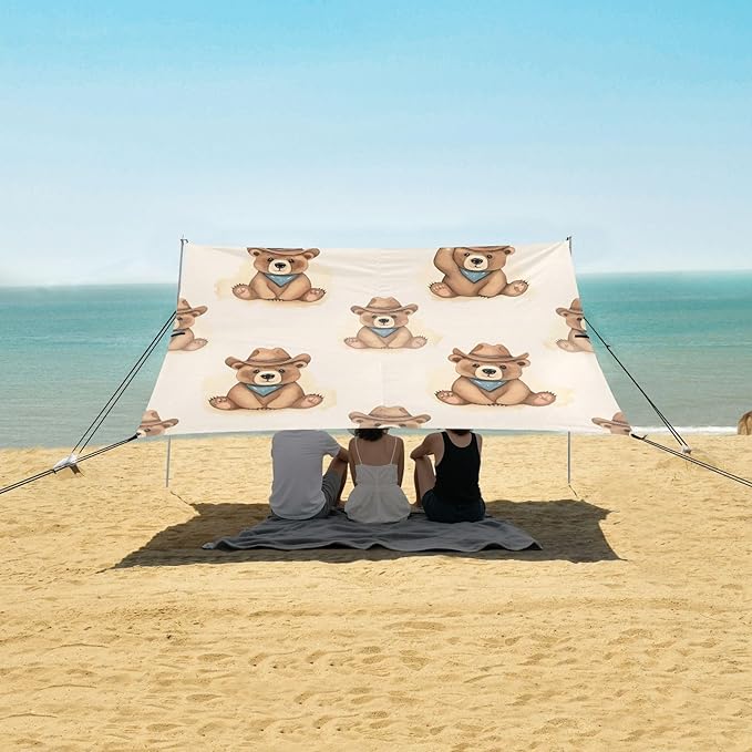 Funny Hat Bear Beach Tent Sun Shelter Set UPF50+ UV Protection 10.5 x 9.19 FT Camping Shade Canopy with Sandbags Sand Anchors Carrying Bag and Others