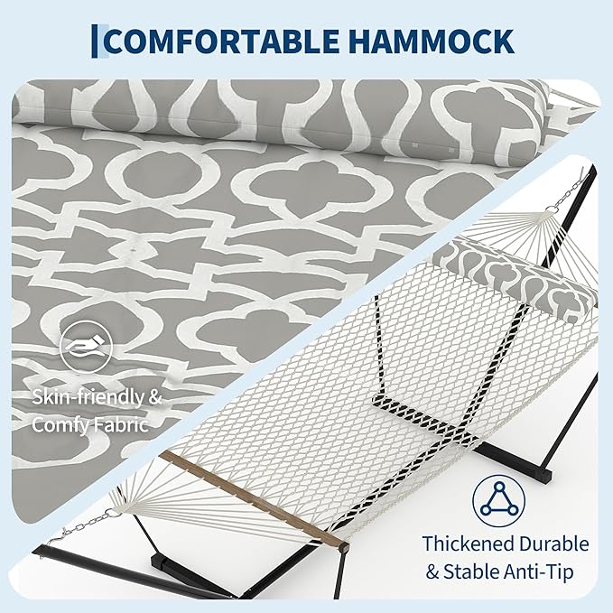 Heavy Duty 2 Person Double Hammock with Portable Adjustable Steel Stand Outdoor Hammock with Pillow for Patio Garden Beach Backyard Camping