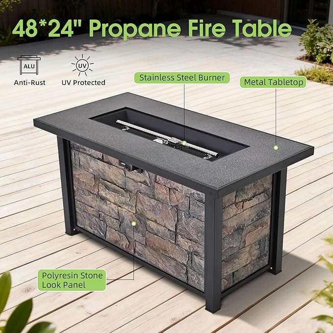 48 Fire Pit Table with Metal top &amp Stone Panel Propane Gas Firepit 5W BTU Fire Table for Outside Patio Backyard Deck Balconywith Metal LidLava Rocks &amp Rain Cover Rectangular