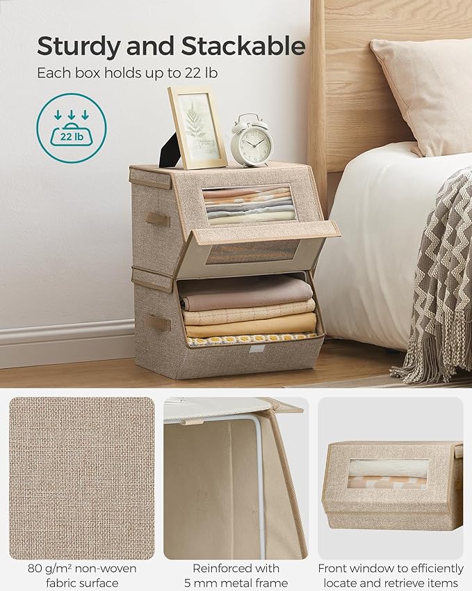 SONGMICS Stackable Storage Bins Set of 2 Storage Boxes with Lids and Front Windows Non-Woven Fabric Closet Organizers with Magnetic Closures Side Handles Sand Beige URLB002Y01