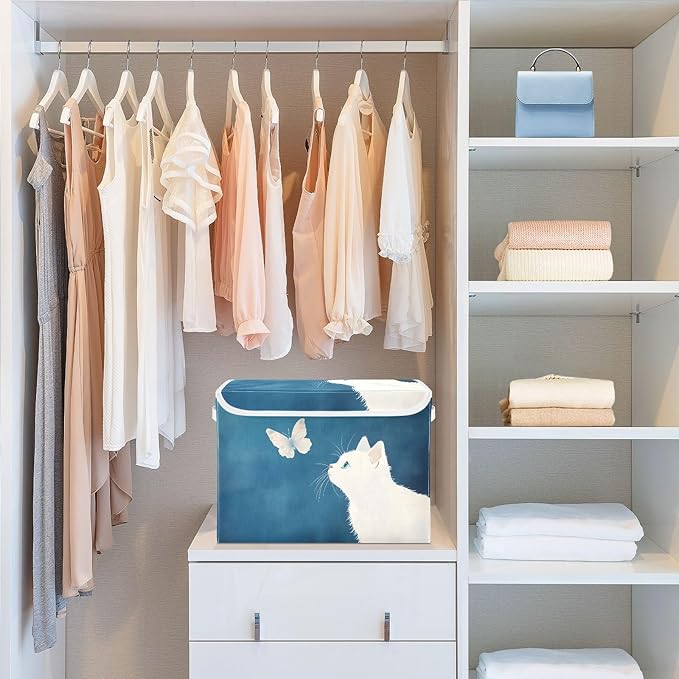 White Cat Butterfly Storage Cube Bins Basket with Lid Collapsible Flip-top Fabric with Handle for Home Bedroom Closet Office 16.5×12.6×11.8 in