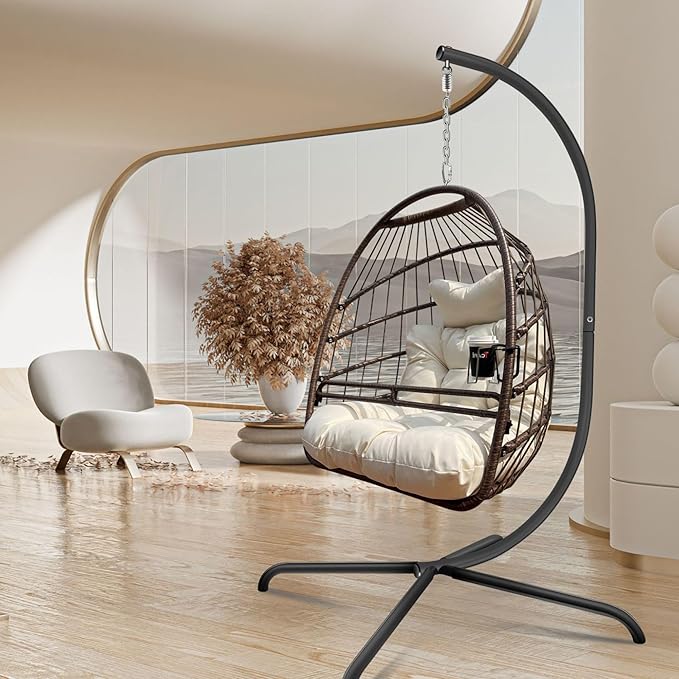 Swing Egg Chair with Stand Indoor Outdoor Wicker Rattan Patio Basket Hanging Chair with C Type Bracket Cushion Pillow and Special Construction Cup Holder