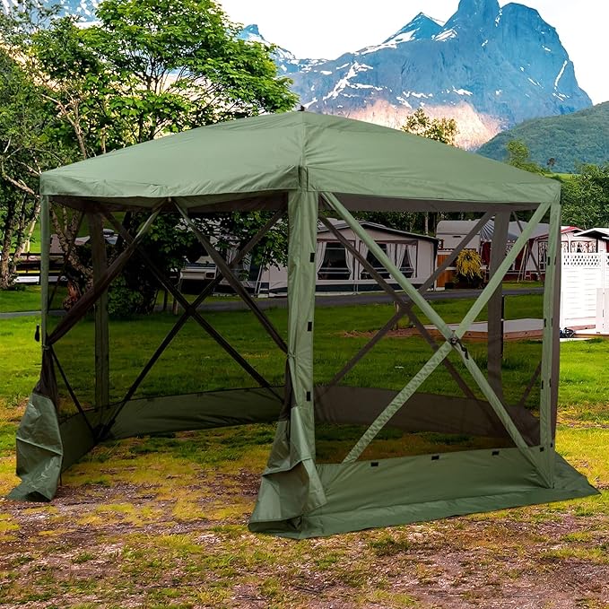 12x12 Hexagonal Pop-Up Gazebo Featuring Breathable Netting Mesh Panels and Thoroughly Shaded Comfortable Interior Easy Setup Green