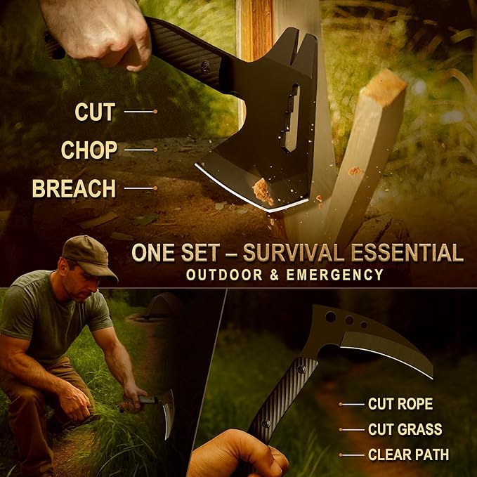 Grumpy Bear Tactical Axe Sickle Set Survival Axe Sharp Tomahawk with Sheath Portable Tomahawk Durable Survival Hatchet for Emergency Hiking and Camping for Men Women