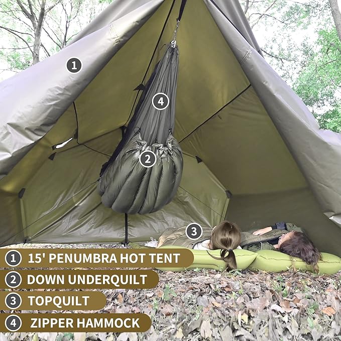 Onewind Penumbra Hot Tent 14ft Camping Hammock Tarp for 4-Season Waterpoof and Flame Retardant Hammock Rain Fly with Stove Jack for Winter Outdoor Camping OD Green
