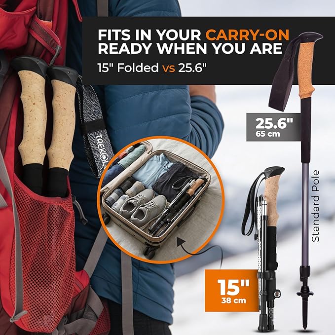 Trekology TREK-Z Collapsible Hiking &amp Trekking Poles - Choose the Perfect Size - 100–120cm (for Height 4’11 to 5’10) - 115–135cm (for Height: 5’5” to 6’5”)