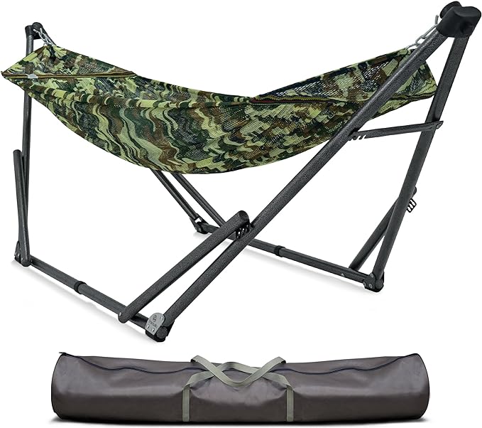 Tranquillo Uniki 550 lbs Capacity Hammock 3-Year Warranty 30s Folding Camping Hammock with Stand Portable Hammock for Indoor Outdoor Instant Setup No Screws Needed Camo